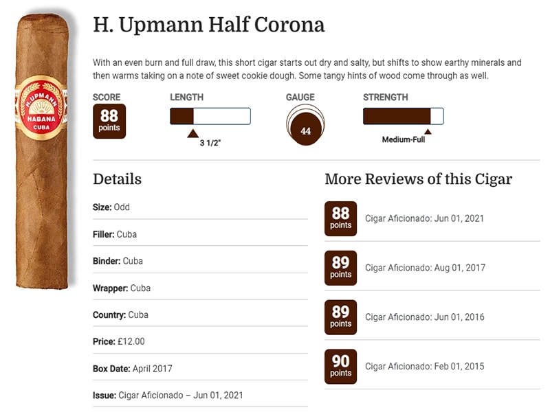 Chấm điểm xì gà H. Upmann Half Corona